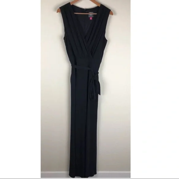 Vince Camuto Sleek V Neck Wrap Wide Palazzo Leg Black Jumpsuit ~L - Picture 3 of 7